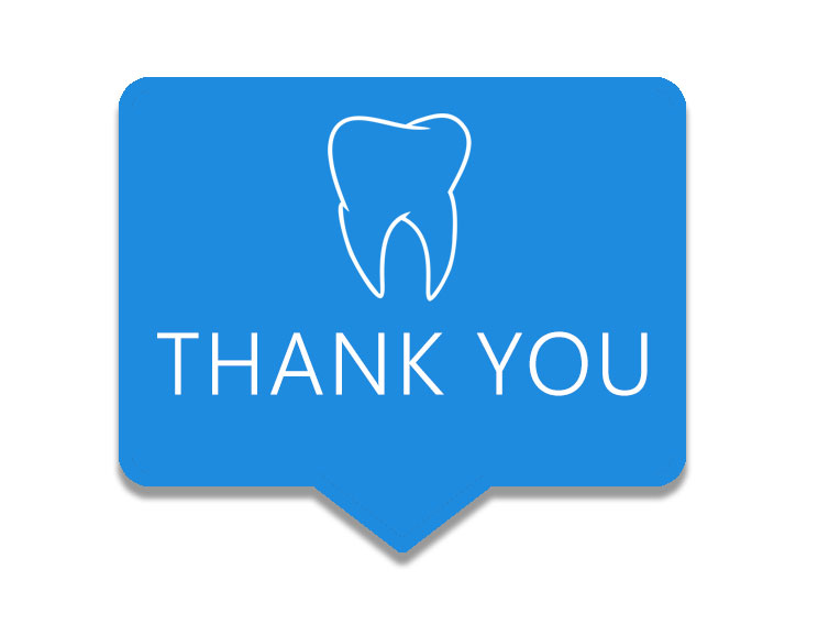 Blue rectangle with white illustration of a single tooth and the words THANK YOU in capital letters