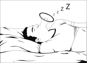 Cartoon illustration of snoring man on bed. He is sleeping and snoring loudly. His mouth look like a megaphone and make a noise